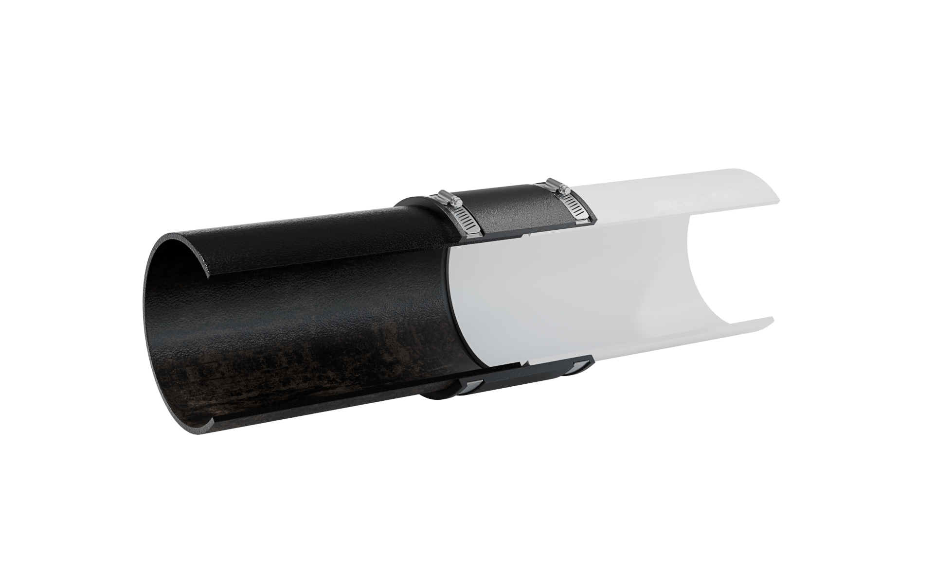 Cutaway view of a Fernco Standard Coupling connecting cast iron to PVC