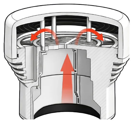 Cutaway of an air admittance valve with pressure pushing up from the pipe and the seal pressed closed