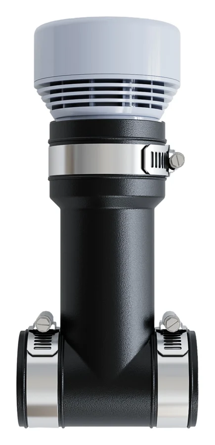 Fernco Inline AAV Kit: gray air admittance valve clamped on a black rubber tee with stainless steel clamps