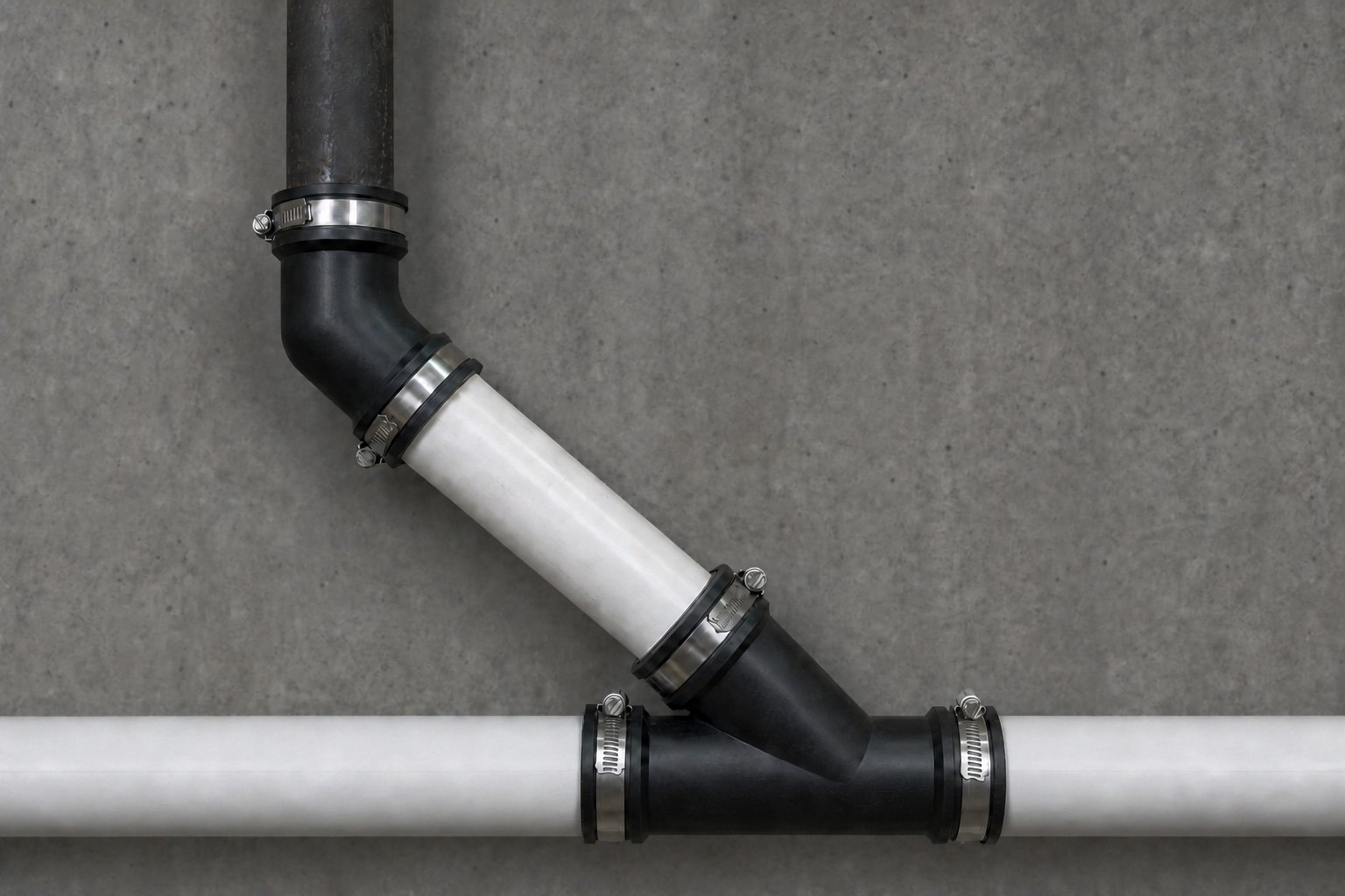 Fernco Qwik 45 degree Ell and Qwik Wye tying cast iron pipe into a PVC drain line