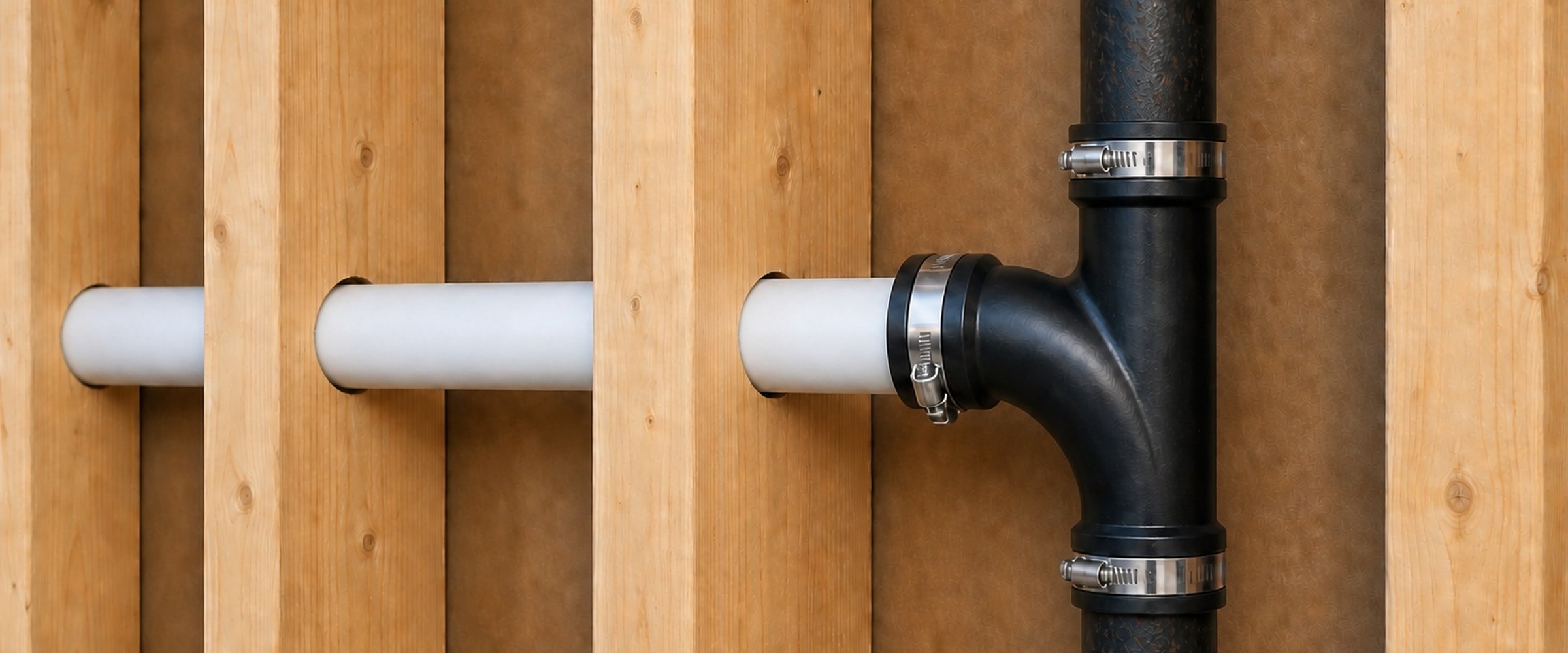 Fernco Qwik Tee joining a black DWV stack to a white branch line between wall studs