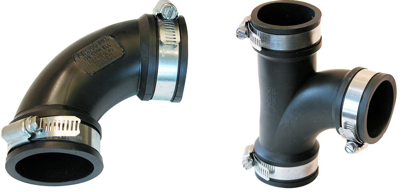 Fernco Qwik 90 degree Ell and Qwik Tee, flexible PVC with stainless steel clamps