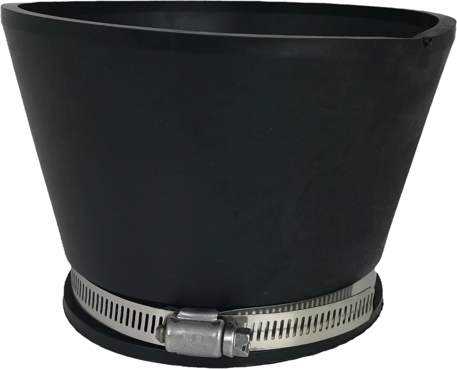 A Fernco water well debris trap: a black flexible cone with a stainless steel clamp at the narrow end