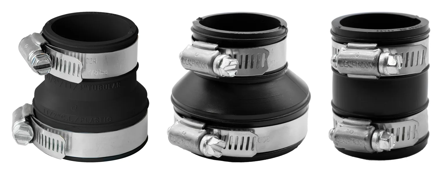 Fernco DTC-150, DTC-215 and TC-150 connectors with stainless steel clamps