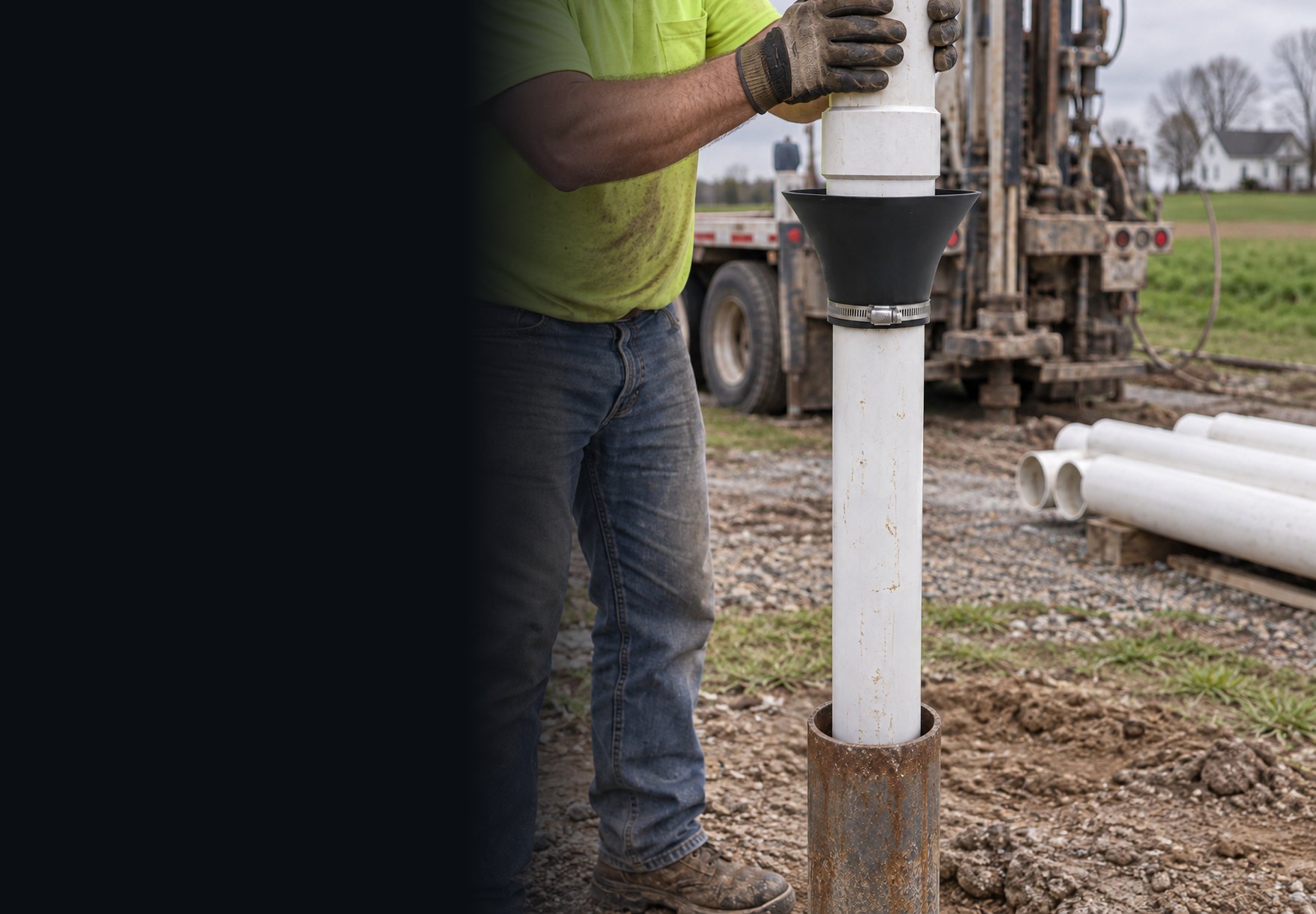 Well driller lowering a PVC liner with a Fernco debris trap clamped below a coupling into a steel well casing