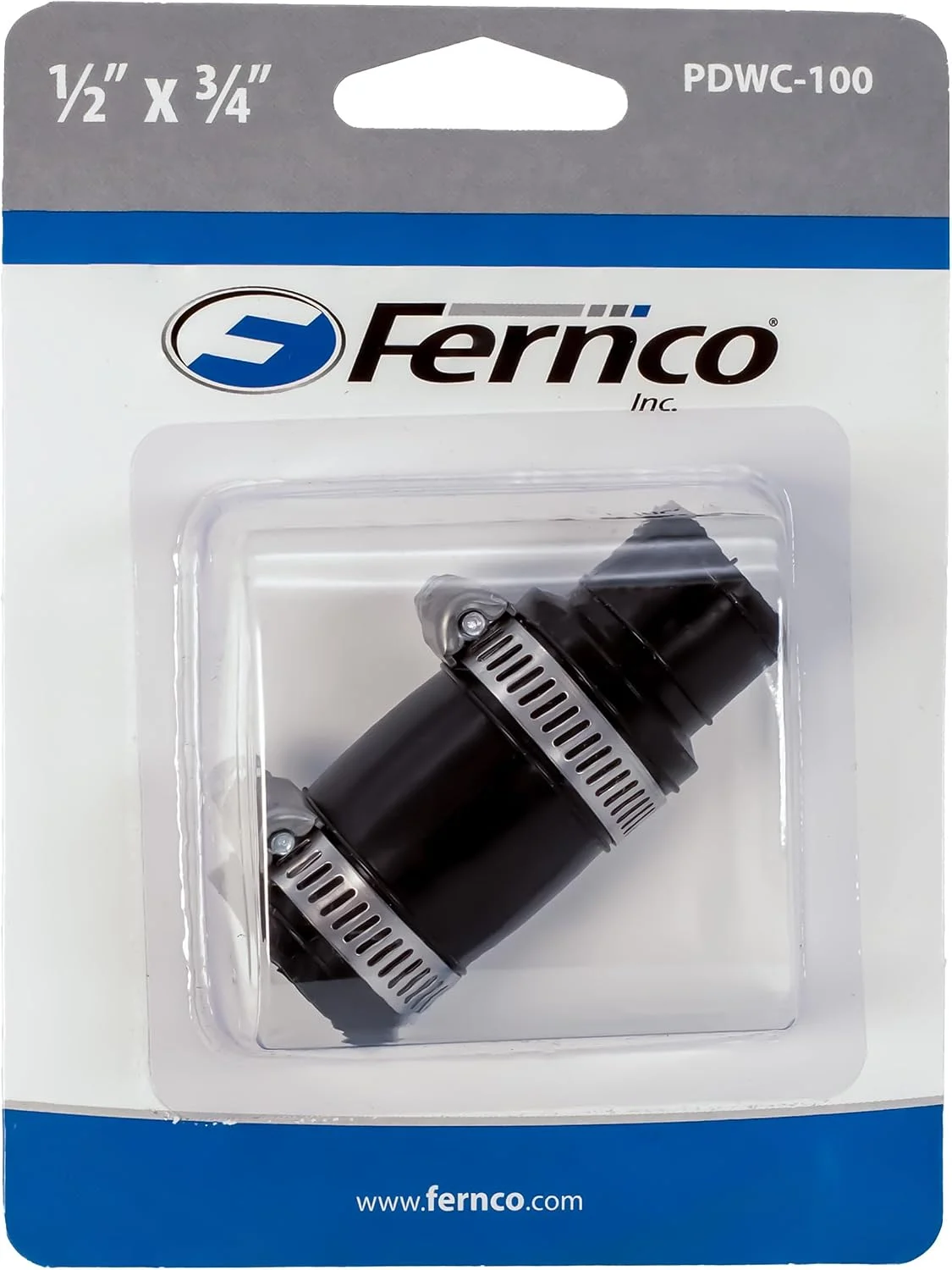 Fernco PDWC-100 dishwasher drain connector, 1/2 inch x 3/4 inch, on its retail card