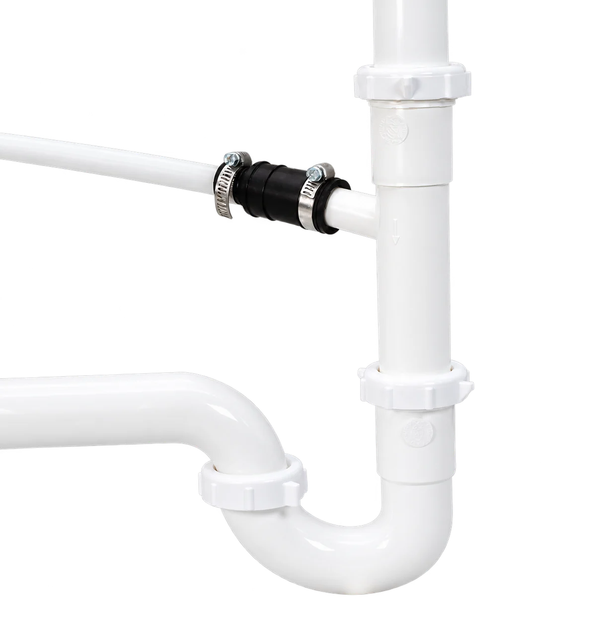Fernco Dishwasher Drain Connector joining a dishwasher drain hose to the branch outlet of a sink tailpiece above the trap