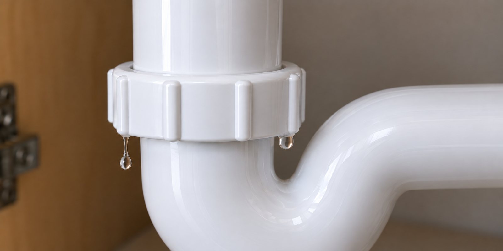 Water dripping from a white plastic slip nut on a tubular P-trap under a sink