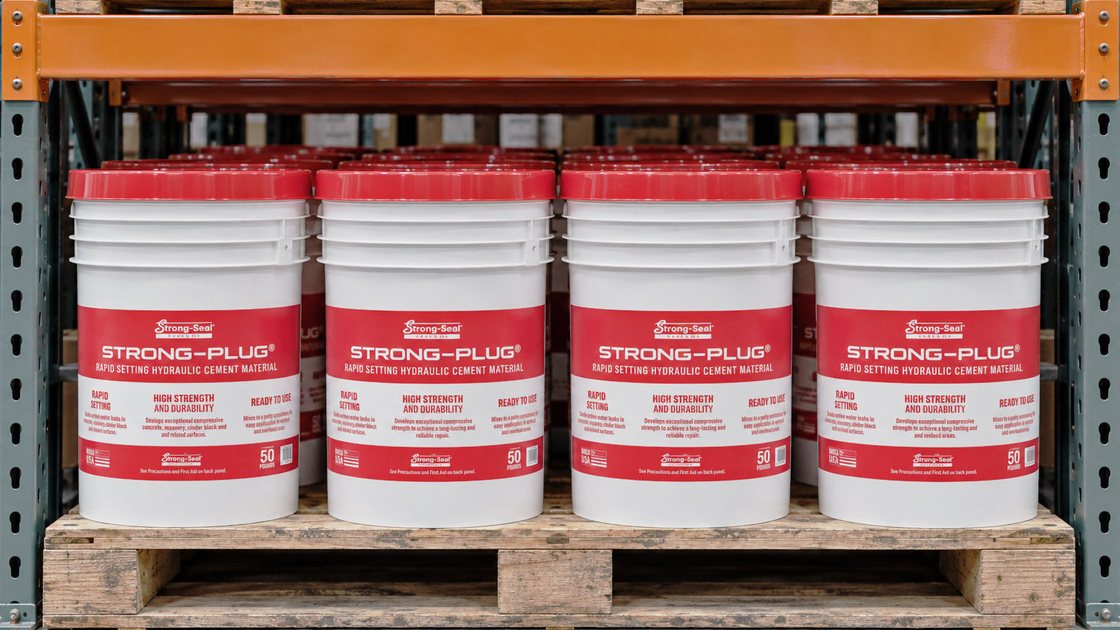 Pails of Strong-Plug on a pallet in a distributor warehouse