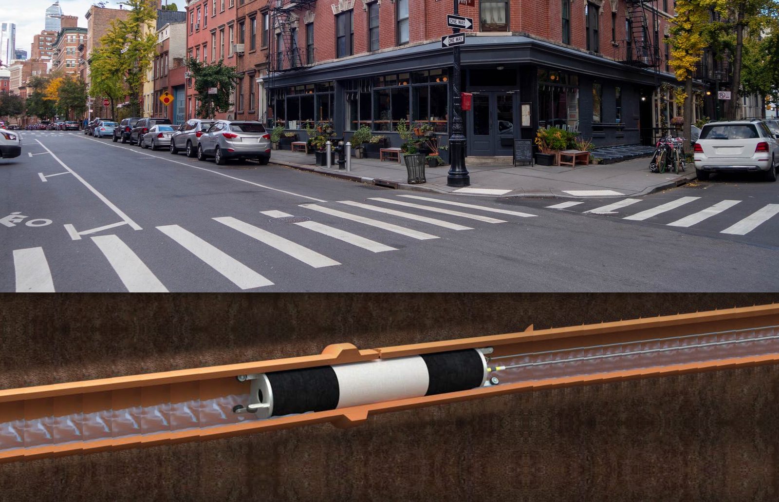 A city street above, and below it a PipePatch packer inside the sewer pipe