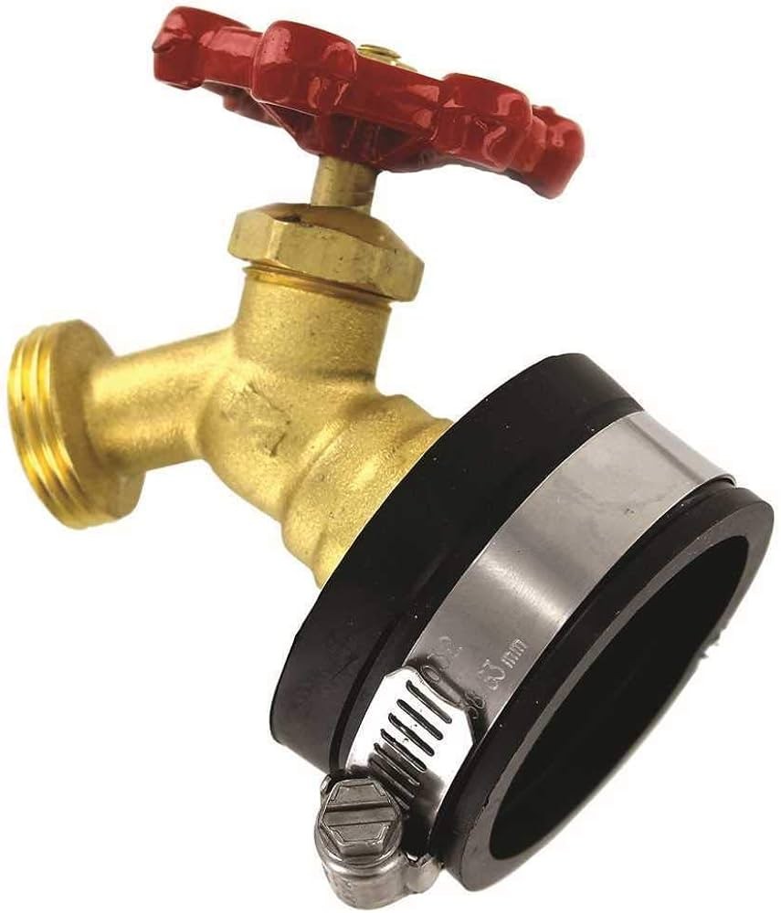 Fernco hose bibb test cap: a black flexible cap with a stainless steel band clamp and a brass hose bibb with a red handwheel
