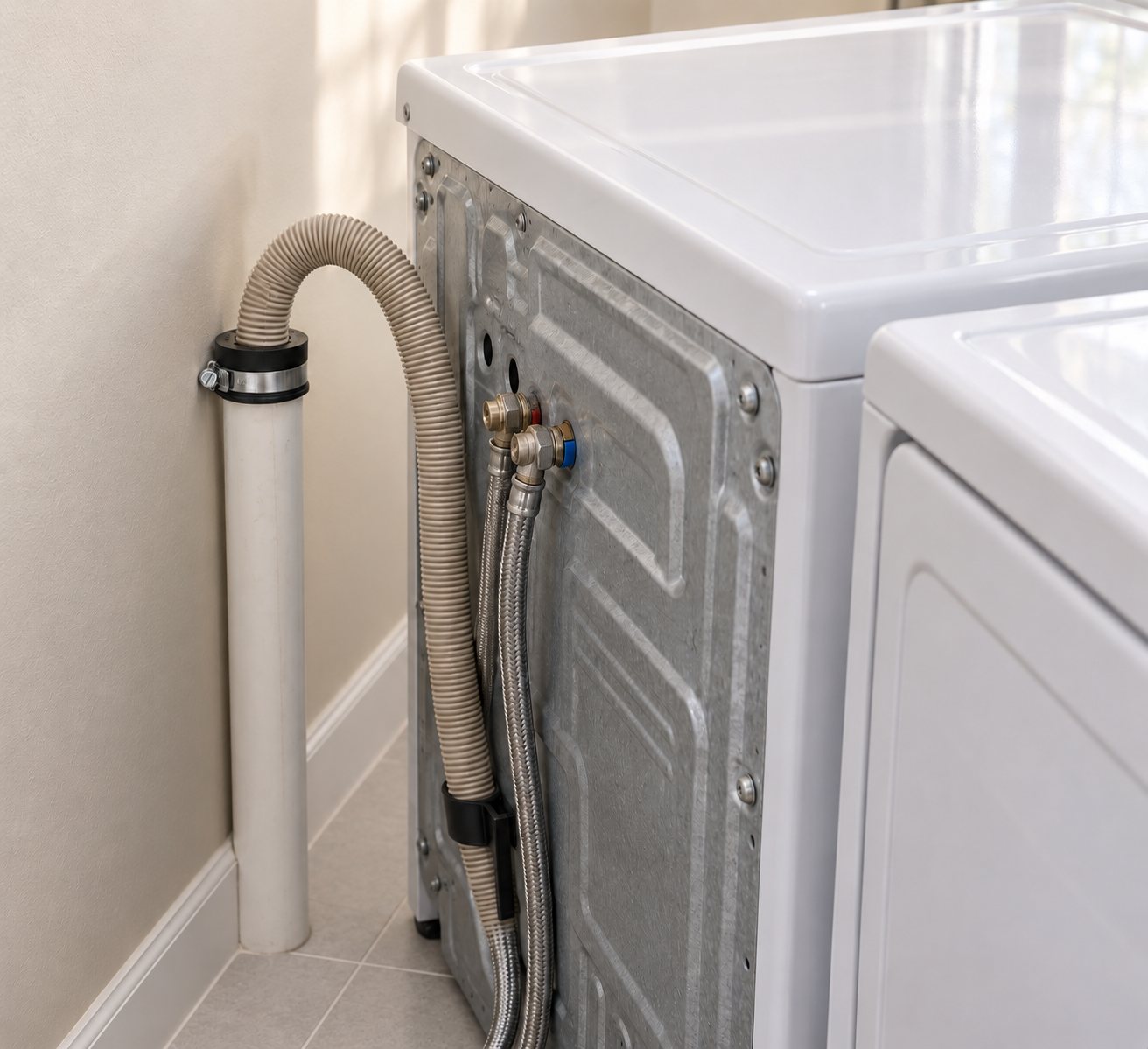 Fernco Hose Grip clamped on a laundry standpipe behind a washer, holding the washer drain hose in place
