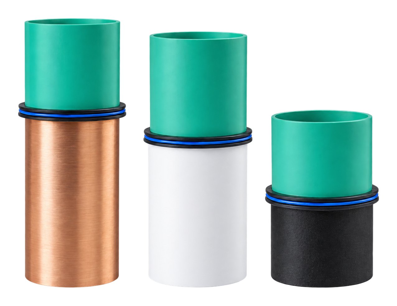 ICON couplings joining green PVC pipe to copper, white PVC and cast iron pipe