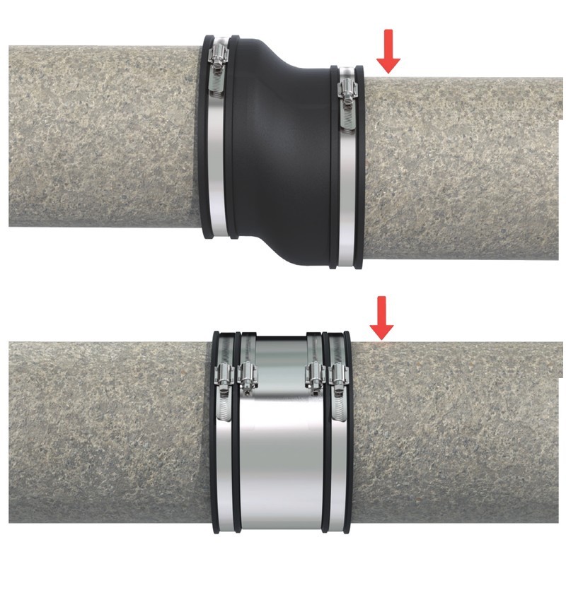 Unshielded flexible coupling sagging under load compared with a Strong Back RC shielded coupling holding the pipe in line