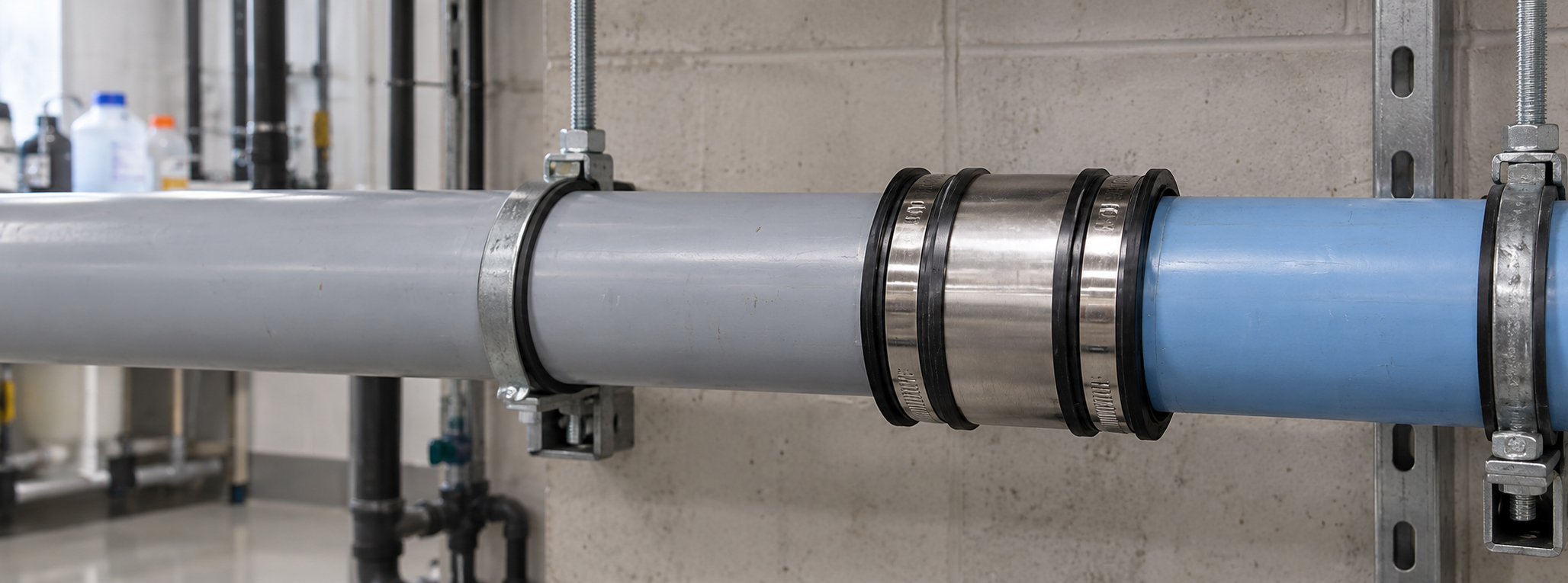 Fernco Chemical Coupling joining chemically resistant drainage pipe in a lab