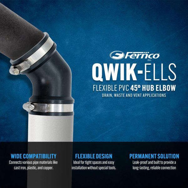 Fernco 45 degree Qwik Ell installed in an above-ground DWV system