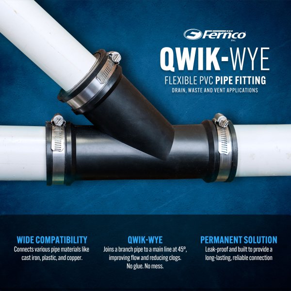 Fernco Qwik Wye installed in an above-ground DWV system
