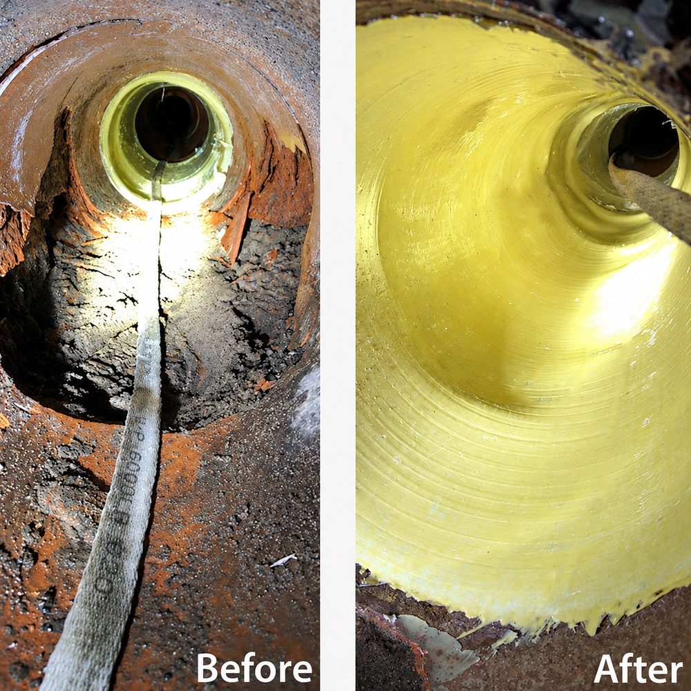 Inside a pipe before and after a PipePatch repair: a cracked, corroded wall, then a smooth cured patch