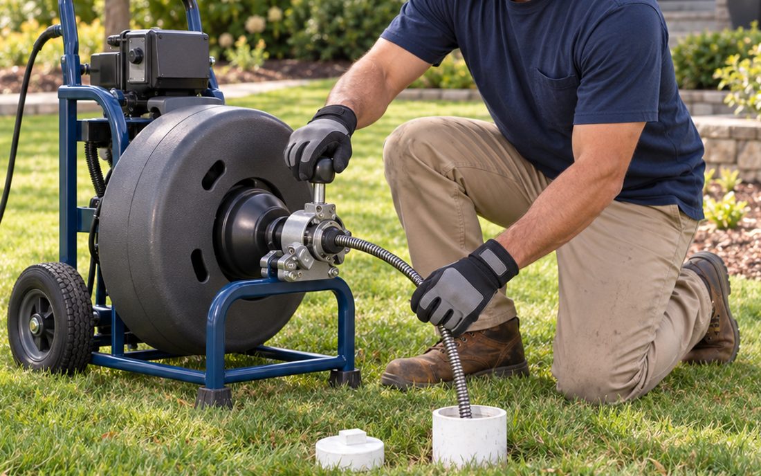 A technician feeding a drain cleaning cable into a front yard cleanout