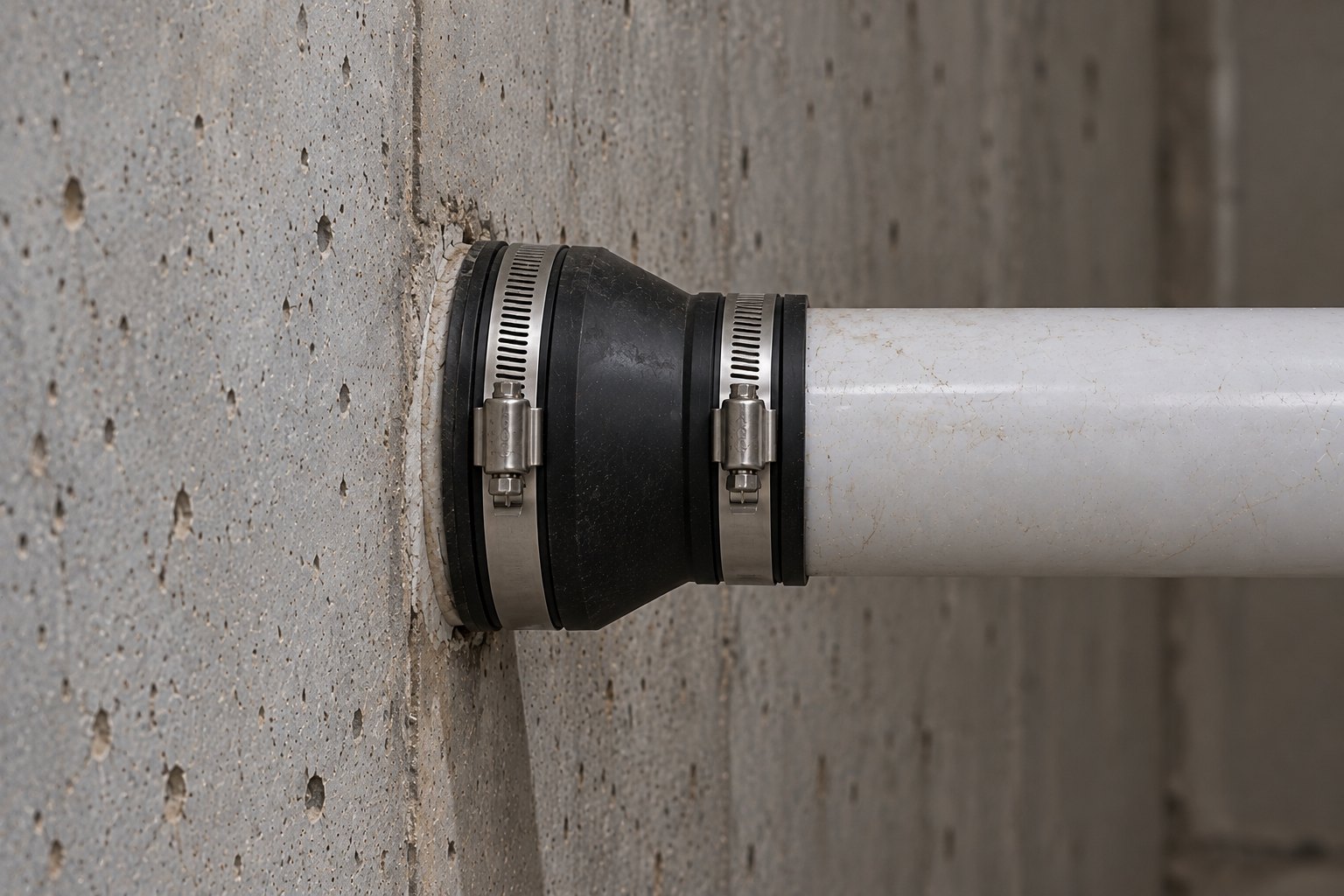Fernco reducing coupling clamped over a pipe sleeve and onto a white PVC pipe where it comes through a concrete basement wall