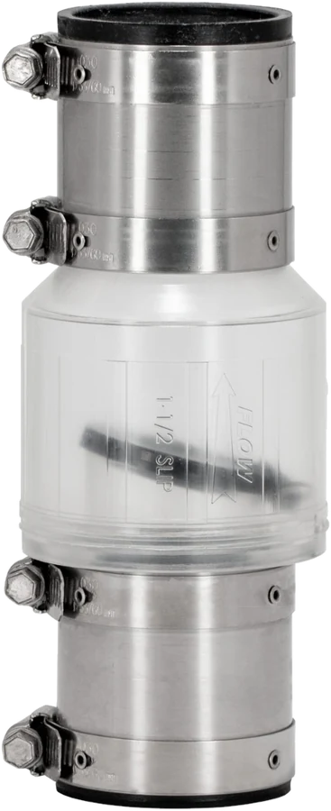 ProCheck QCV-150 quiet check valve with a clear body and stainless steel shielded couplings