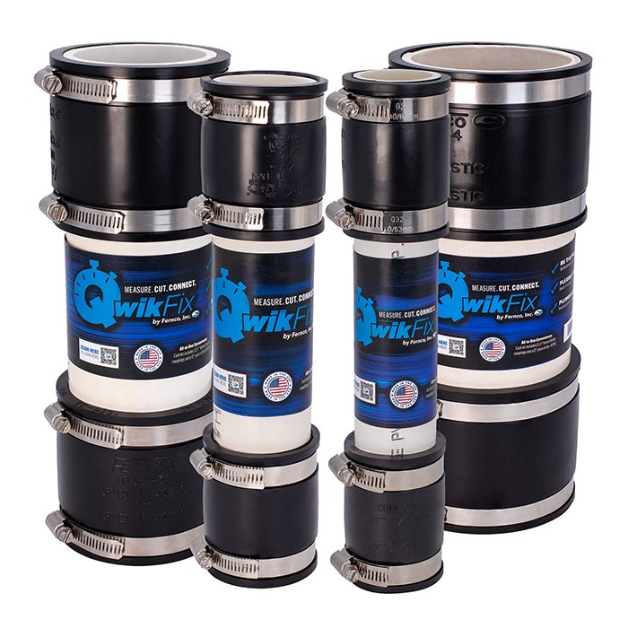 Fernco QwikFix kits in four sizes: a length of white PVC pipe with a black flexible coupling and stainless steel clamps on each end