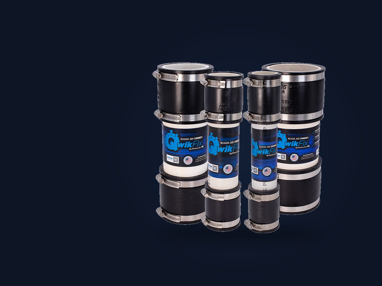 Fernco QwikFix pipe repair kits in four sizes
