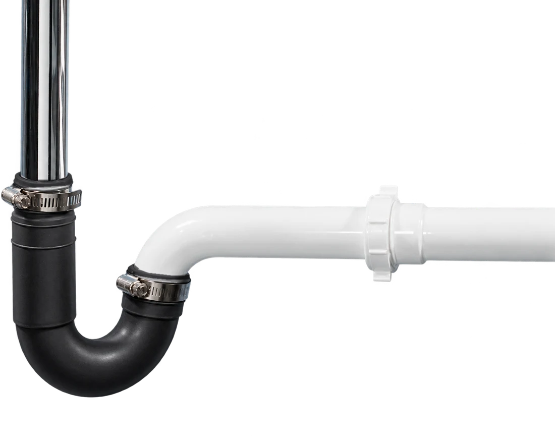 Fernco Qwik Trap Connector clamped between a chrome sink drain and a white plastic trap arm