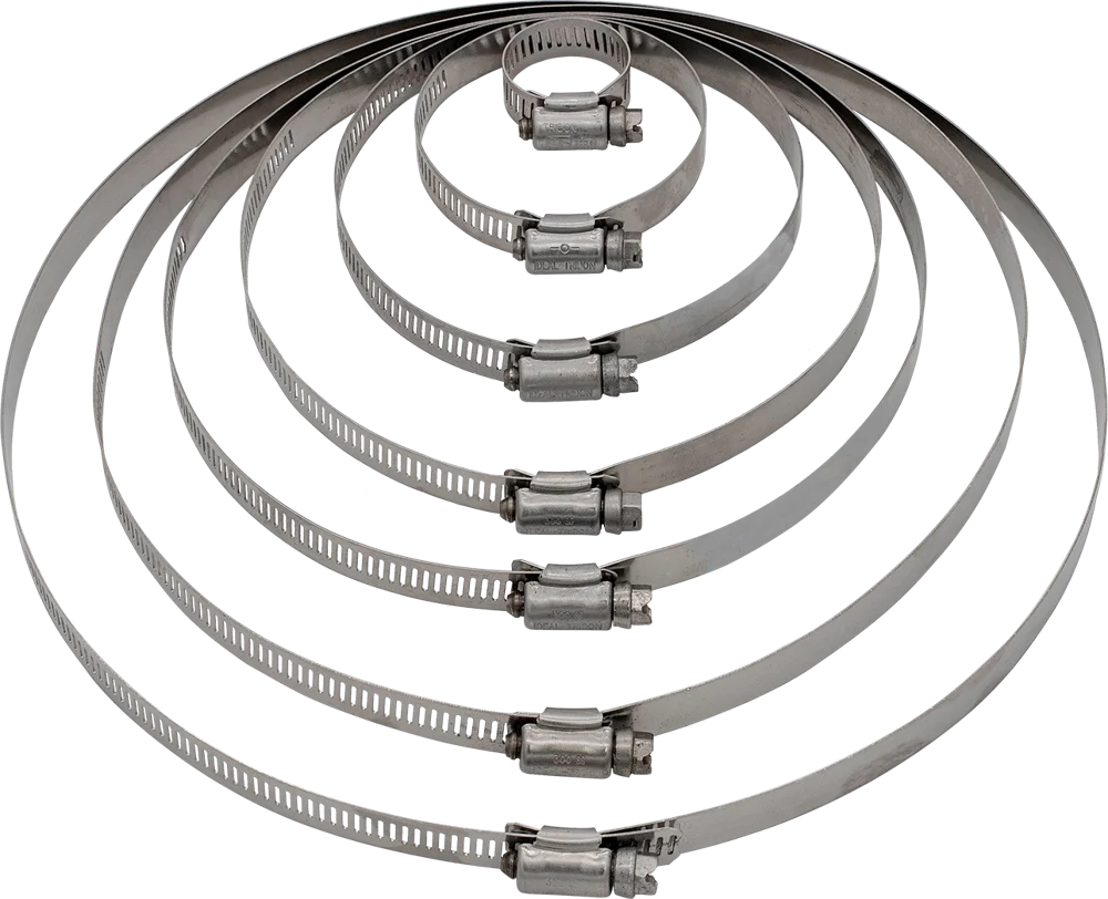 Fernco stainless steel band clamps in several sizes, nested
