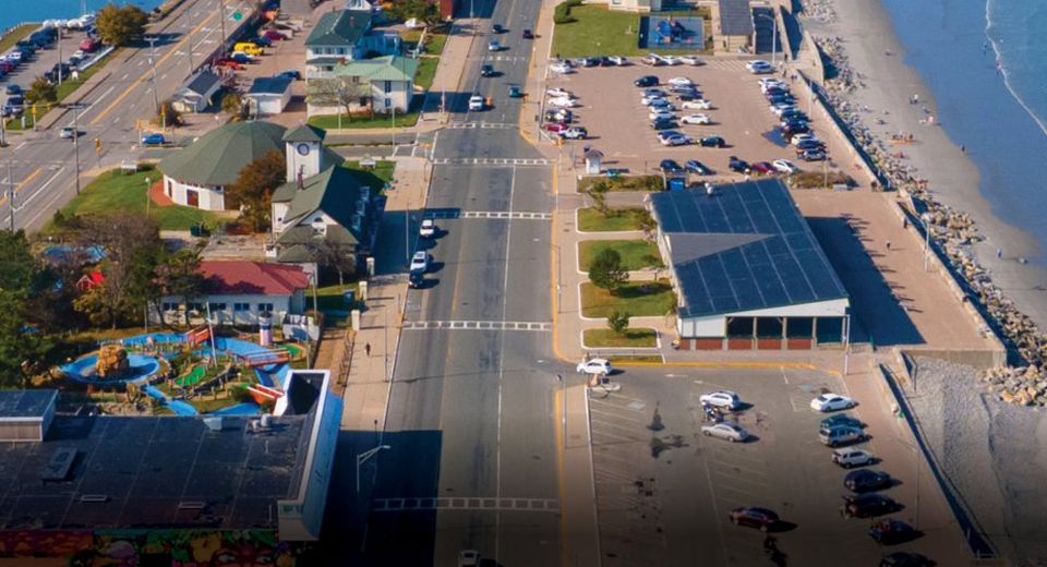 Aerial view of streets and businesses in the coastal town of Hull, Massachusetts