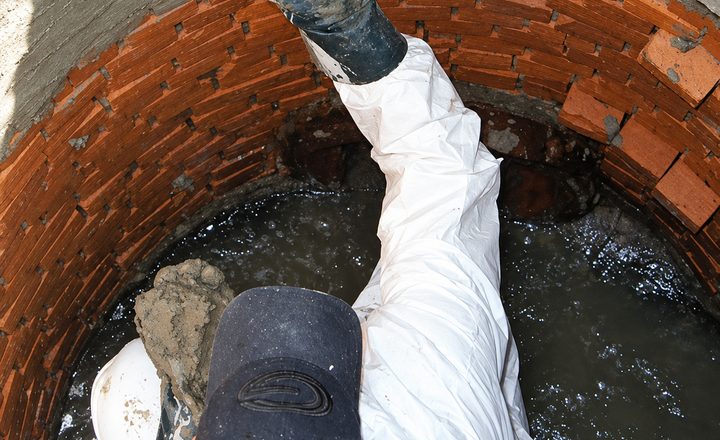 Groundwater standing in the bottom of a deteriorated brick manhole