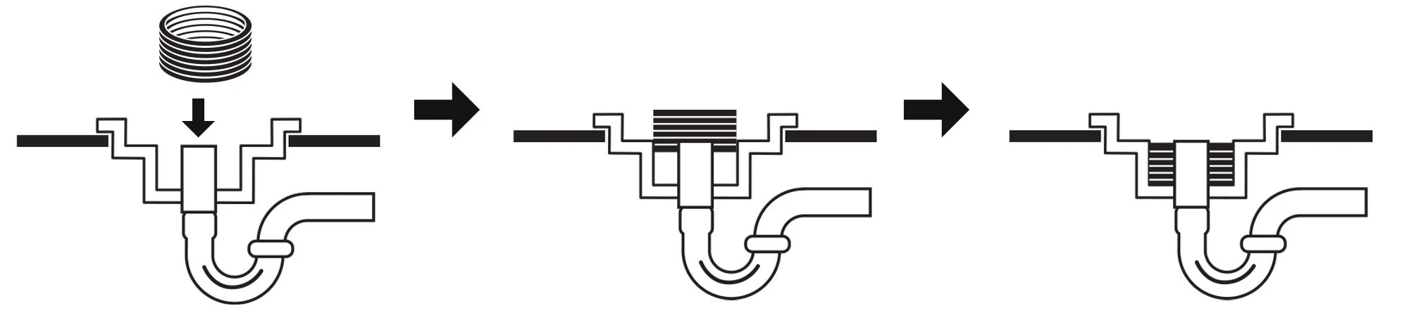 Install sequence: the gasket goes over the 2 inch pipe, is pushed into the drain body, then driven down until it bottoms out