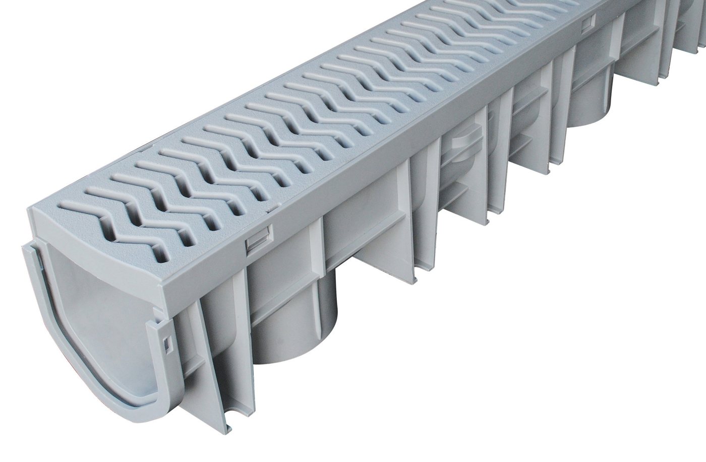 StormDrain Plus channel with its locking grate, reinforcing ribs and round bottom outlets