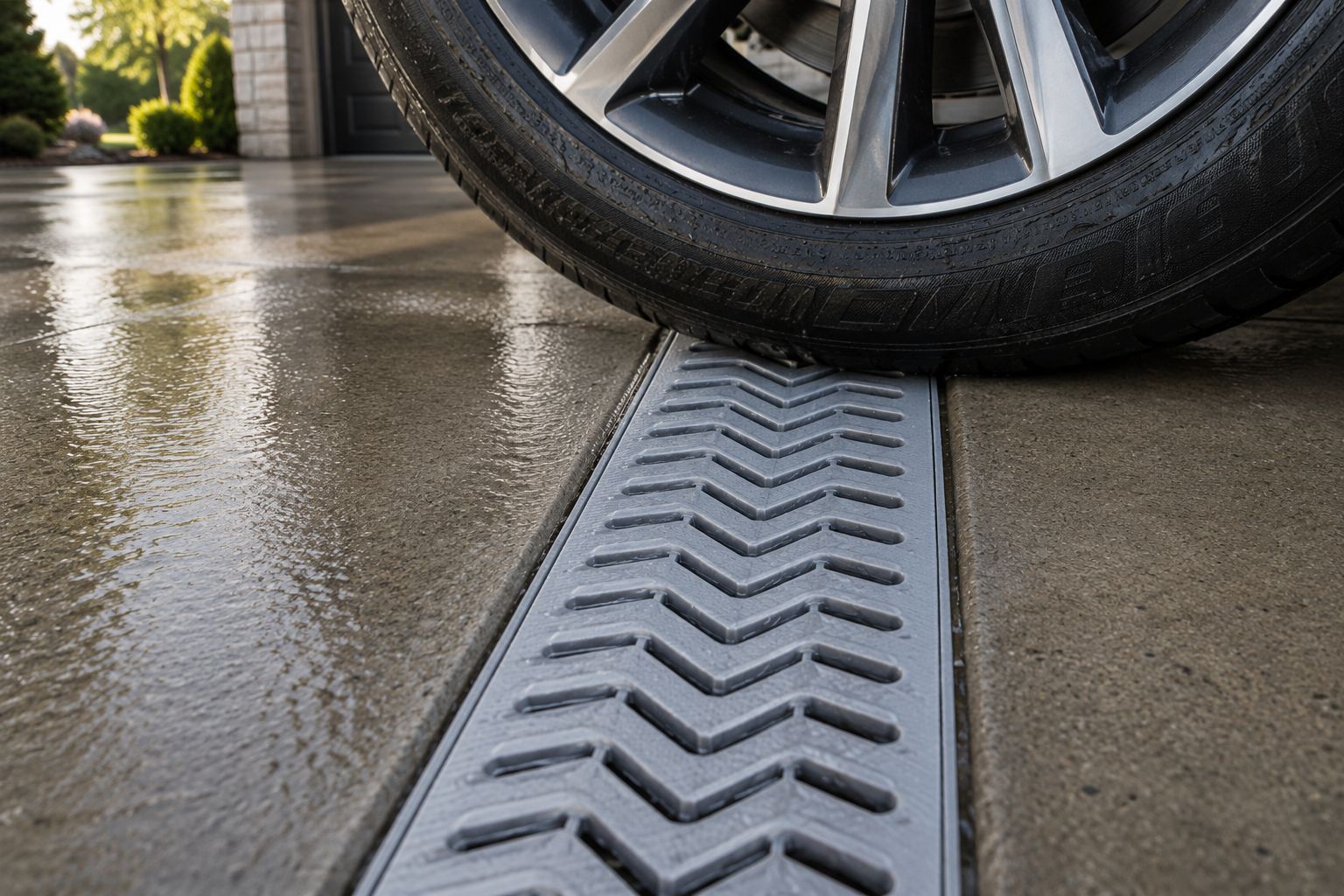 A car tire on a Fernco StormDrain Plus channel drain in a wet concrete driveway
