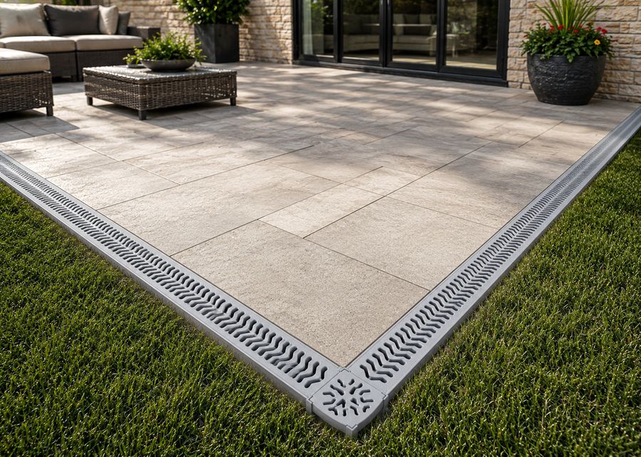 StormDrain Plus along the edge of a stone patio