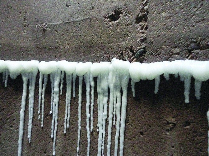 White cured grout along a leaking joint in a concrete wall