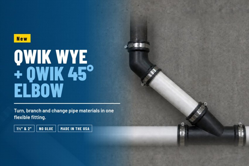Fernco Qwik Wye and Qwik 45 degree elbow joining steel and PVC drain pipe