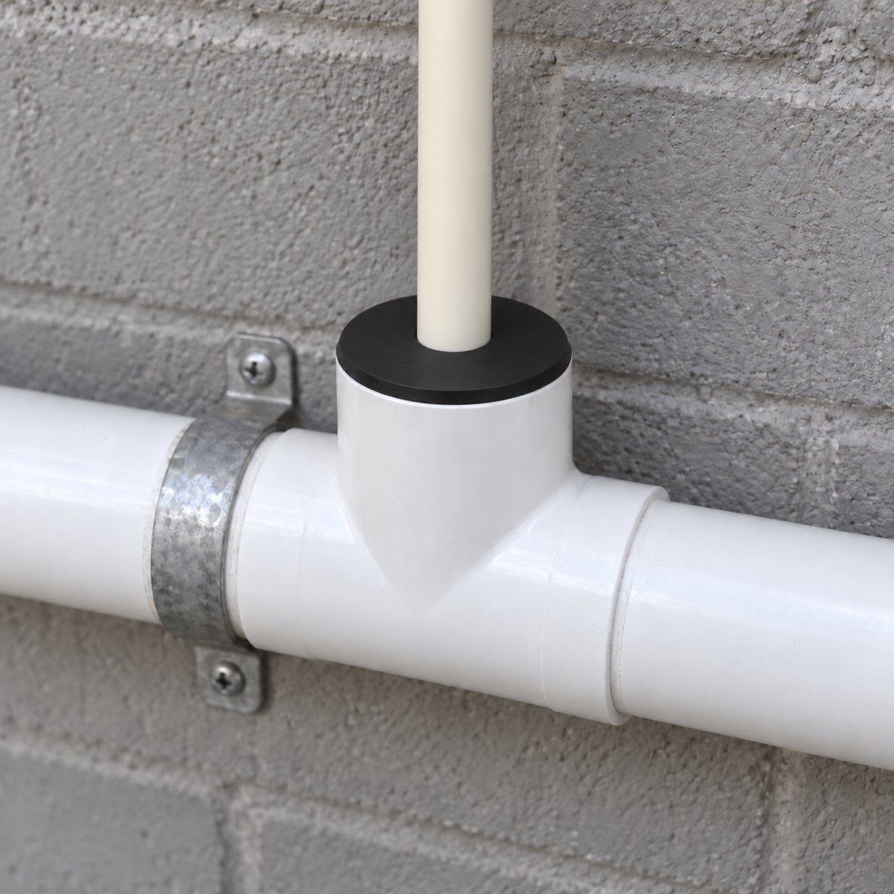 Fernco Utility Connector in a 1-1/2 inch PVC tee with a 3/4 inch CPVC line through its center