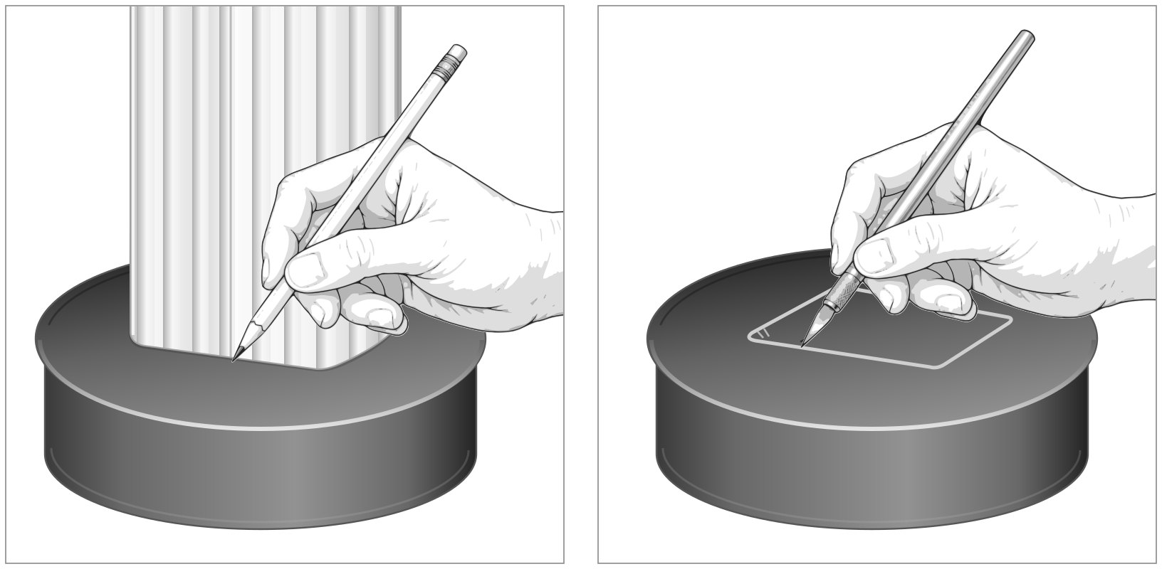 Two-panel drawing: tracing around a downspout on top of a Universal cap with a pencil, then cutting along the line with a knife