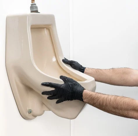 Hands on an installed urinal checking for leaks