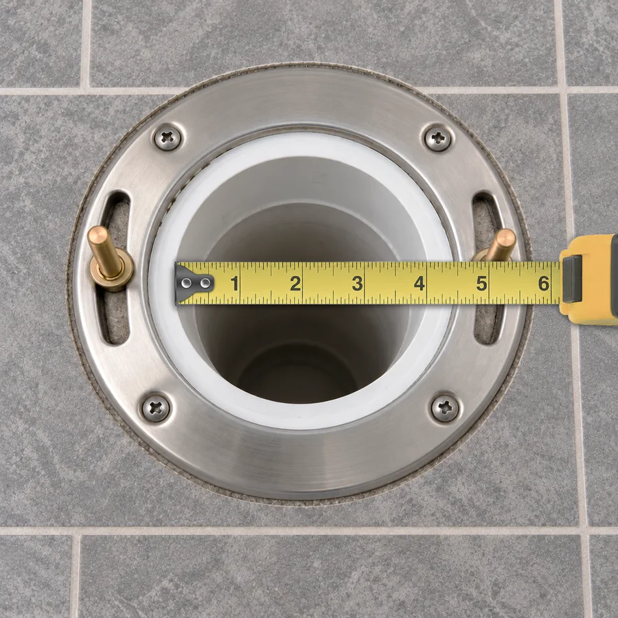 Tape measure across a toilet flange, measuring the inside of 4 inch drain pipe