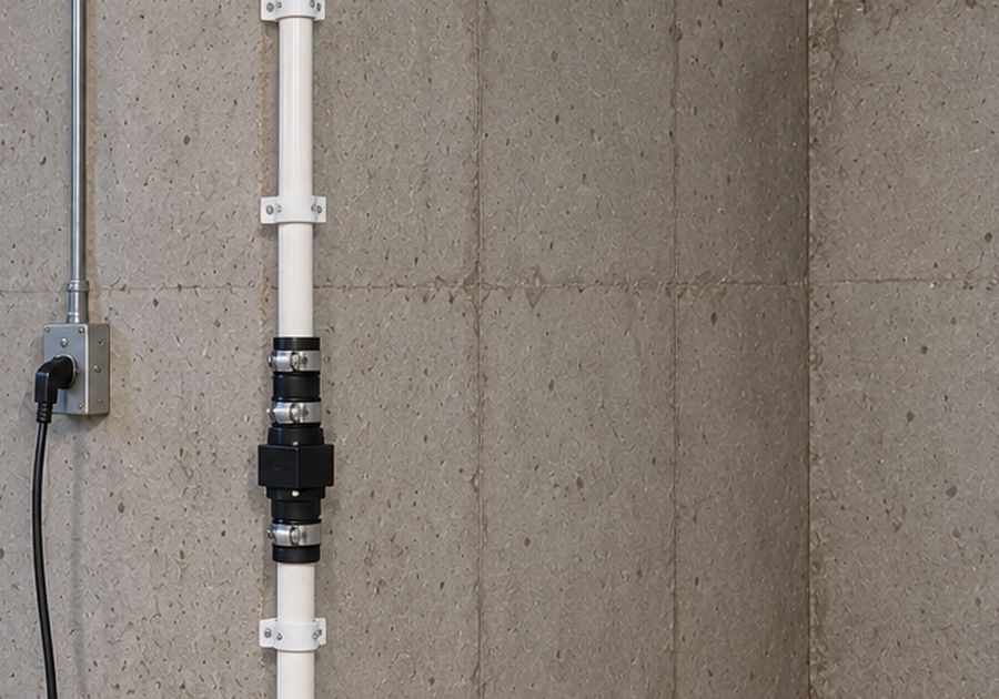A check valve installed on a white sump pump discharge pipe above a sealed sump pit