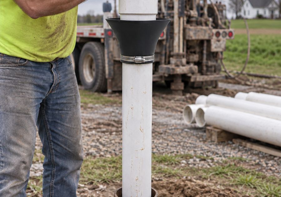A well driller lowering a PVC liner with a debris trap clamped below a coupling