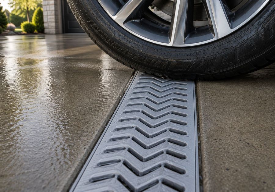 A car tire on a StormDrain Plus channel drain in a wet concrete driveway